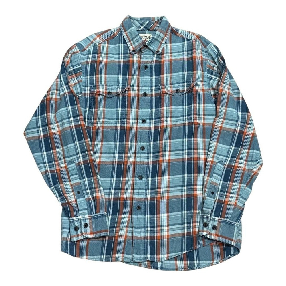 Red Head Shirt Mens Small Blue Orange Plaid Flannel Western Long Sleeve Cotton